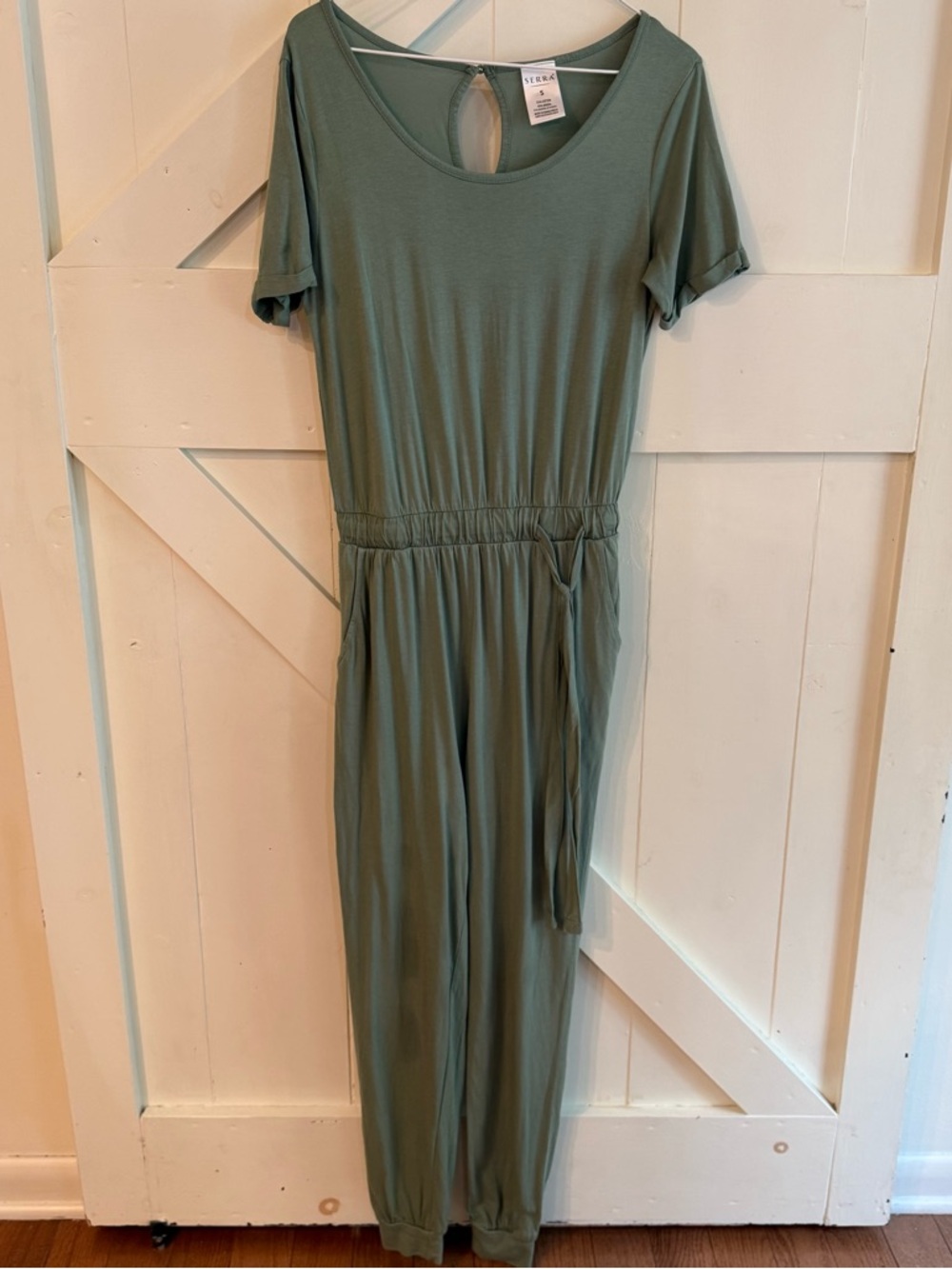 Serra Olive Green Knit Jumpsuit Romper Tie Waist‎ Lounge One Piece Size S